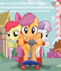 Size: 1024x1197 | Tagged: apple bloom, cutie mark crusaders, derpibooru import, grand theft auto, safe, scootaloo, scooter, scooter brothers, sweetie belle, text, trevor philips, youtube link