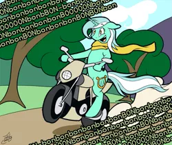 Size: 973x822 | Tagged: artist:tlatophat, clothes, derpibooru import, lyra finds a blob on the floor, lyra heartstrings, motorcycle, safe, scarf, solo, tree