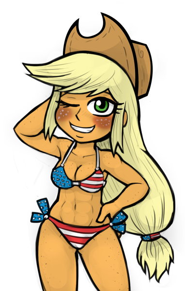 Size: 700x1100 | Tagged: suggestive, artist:hazama, artist:livesmutanon, derpibooru import, applejack, human, equestria girls, abs, american flag, american flag bikini, amerijack, armpits, belly button, bikini, blushing, breasts, cleavage, clothes, colored, female, flag bikini, freckles, humanized, solo, solo female, swimsuit, united states