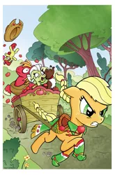 Size: 660x1002 | Tagged: safe, artist:billforster, derpibooru import, apple bloom, applejack, big macintosh, granny smith, winona, earth pony, pony, apple family, cart, clothes, dress, gala dress, male, riding, stallion, working