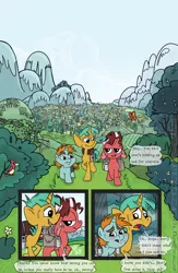 Size: 1788x2750 | Tagged: safe, artist:smudge proof, derpibooru import, snails, snips, oc, earth pony, pony, unicorn, comic:heads and tails, bucktooth, clock tower, colt, comic, foal, male, ponyville, ponyville town hall, scenery, splash page, town hall, tracks, train tracks, trekking, trio, windmill
