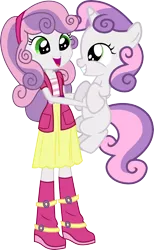 Size: 3229x5245 | Tagged: safe, artist:vector-brony, derpibooru import, sweetie belle, pony, equestria girls, cute, diasweetes, holding a pony, human ponidox, simple background, square crossover, transparent background, vector, weapons-grade cute, xk-class end-of-the-world scenario