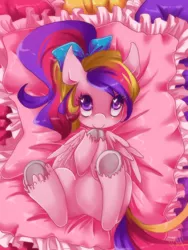 Size: 480x640 | Tagged: dead source, safe, artist:loyaldis, derpibooru import, princess cadance, alicorn, pony, bed, bow, c:, cute, cutedance, diabetes, female, fluffy, hair bow, heart eyes, hooves, looking at you, on back, pegasus cadance, pillow, ponytail, smiling, solo, underhoof, unshorn fetlocks, wingding eyes, younger