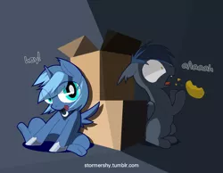 Size: 1800x1400 | Tagged: safe, artist:aurura, derpibooru import, princess luna, oc, bat pony, fruit bat, pony, cardboard box, dark, eating, filly, floppy ears, mango, open mouth, sitting, surprised, underhoof, wide eyes, woona, younger