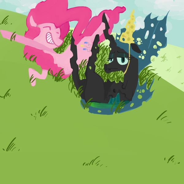 Size: 1000x1000 | Tagged: artist:ciircuit, cheese, cheese hat, derpibooru import, hat, pinkie pie, queen chrysalis, safe