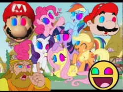 Size: 480x360 | Tagged: safe, derpibooru import, applejack, fluttershy, pinkie pie, rainbow dash, rarity, twilight sparkle, pegasus, pony, unicorn, cd-i, exploitable meme, female, hotel mario, king harkinian, mah boi, mane six, mane six opening poses, mare, mario, old meme, open mouth, super mario 64, super mario bros., the legend of zelda, wat, youtube poop