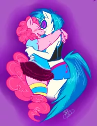 Size: 1155x1495 | Tagged: anthro, artist:collaredginger, blushing, chubby, derpibooru import, female, happy, hug, lesbian, pinkie pie, safe, shipping, vinylpie, vinyl scratch