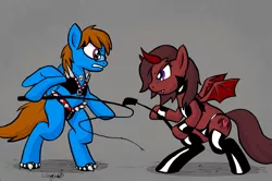 Size: 901x600 | Tagged: suggestive, artist:wingbeatpony, derpibooru import, oc, oc:scarlet kiss, oc:sunnyside, unofficial characters only, pony, succubus, bipedal, dominatrix, female, lesbian, mare, riding crop, shipping, whip