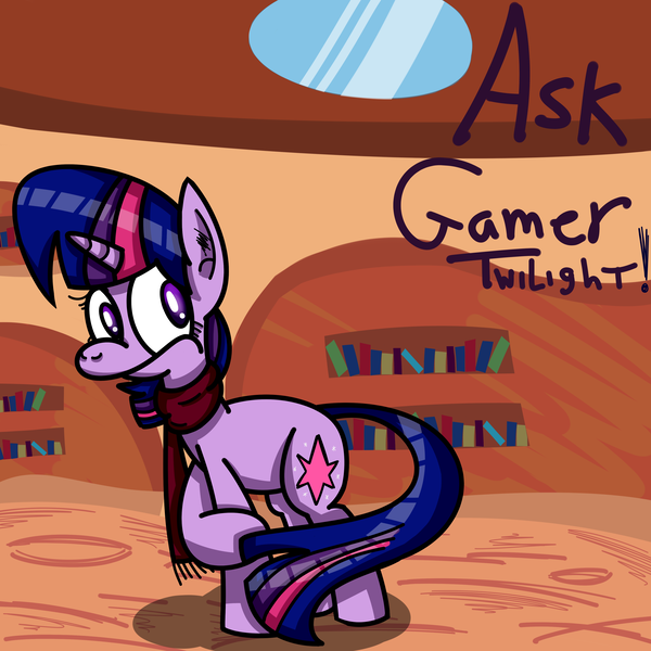 Size: 3600x3600 | Tagged: safe, artist:misterhailfire, artist:mrdynasty, derpibooru import, twilight sparkle, askgamertwilight, clothes, gamer, library, scarf, solo, tumblr