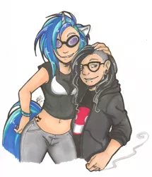 Size: 1103x1280 | Tagged: artist:collaredginger, belly button, derpibooru import, eared humanization, horned humanization, human, humanized, light skin, midriff, safe, skrillex, tailed humanization, vinyl scratch