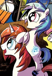 Size: 485x710 | Tagged: safe, artist:andypriceart, derpibooru import, idw, official, 33 1-3 lp, gaffer, long play, sweetcream scoops, vinyl scratch, pony, unicorn, neigh anything, spoiler:comic, spoiler:comic11, background pony, cutie mark, cutiespark, ear piercing, earring, female, filly, happy, jewelry, male, mare, piercing, stallion