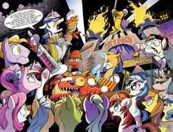 Size: 2080x1600 | Tagged: safe, artist:andypriceart, derpibooru import, idw, official, 33 1-3 lp, 8-bit (character), buck withers, diamond rose, gaffer, gizmo, lemony gem, long play, observer (character), princess cadance, shining armor, sweetcream scoops, unnamed character, unnamed pony, vinyl scratch, alicorn, earth pony, pegasus, pony, unicorn, neigh anything, spoiler:comic, spoiler:comic11, 80s, adam ant, andy you magnificent bastard, boy george, cowbell, cutiespark, danny elfman, devo, drum kit, drums, energy dome, female, ferris bueller's day off, filly, filly vinyl scratch, frankie goes to hollywood, keytar, little girls, lyrics, male, musical instrument, new wave, oingo boingo, revenge of the nerds, song reference, spread wings, stallion, teary eyes, the mystic knights of the electric stable, wings
