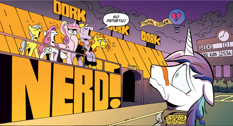 Size: 1028x559 | Tagged: safe, derpibooru import, idw, buck withers, diamond rose, flank thrasher, lemony gem, princess cadance, shining armor, earth pony, pegasus, pony, unicorn, spoiler:comic, spoiler:comic11, female, male, mare, mocking, official comic, speech bubble, stallion