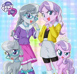 Size: 900x863 | Tagged: safe, artist:uotapo, derpibooru import, diamond tiara, silver spoon, earth pony, pony, equestria girls, adorabullies, boots, bracelet, clothes, cute, diamondbetes, female, filly, glasses, hand on hip, human ponidox, jacket, jewelry, laughingmares.jpg, looking at you, necklace, noblewoman's laugh, open mouth, pearl necklace, shirt, shoes, silverbetes, skirt, square crossover