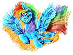 Size: 2112x1600 | Tagged: artist:ishtardragon, derpibooru import, grin, looking at you, rainbow dash, safe, smiling, solo, spread wings, unshorn fetlocks, wings