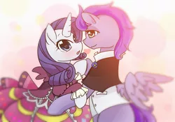 Size: 2184x1529 | Tagged: safe, artist:yukandasama, derpibooru import, rarity, oc, oc:kydose, pegasus, pony, unicorn, canon x oc, clothes, dancing, dress, eye contact, heart, heart eyes, love, loving gaze, raridose, shipping, suit