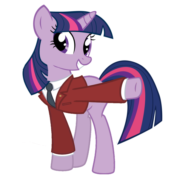 Size: 1024x1072 | Tagged: ace attorney, artist:holsternicholson, clothes, crossover, dead source, derpibooru import, grin, necktie, phoenix wright, pointing, safe, simple background, smiling, solo, suit, transparent background, twilight sparkle, vector