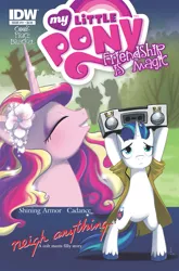 Size: 1265x1920 | Tagged: safe, derpibooru import, idw, princess cadance, shining armor, alicorn, pony, unicorn, neigh anything, 80s, bipedal, boombox, boombox serenade, comic, cover, female, flower, flower in hair, male, mare, movie reference, parody, say anything, serenade, stallion