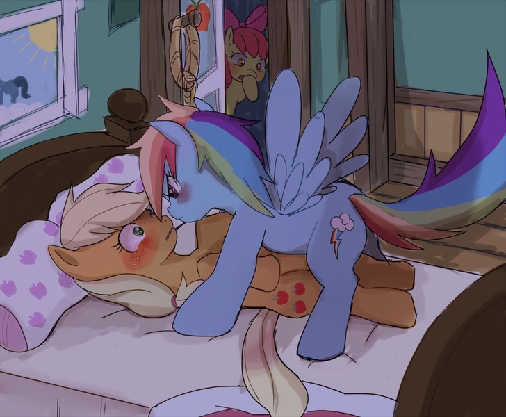 Size: 1000x824 | Tagged: suggestive, artist:aki-tam, derpibooru import, apple bloom, applejack, rainbow dash, earth pony, pegasus, pony, appledash, bed, bedroom, blushing, caught, door, female, imminent kissing, lesbian, pillow, pixiv, shipping, voyeur, voyeur bloom, voyeurism, watching