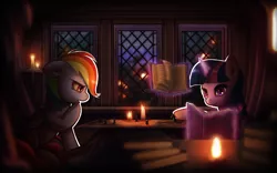 Size: 3360x2100 | Tagged: safe, artist:i-am-knot, derpibooru import, rainbow dash, twilight sparkle, twilight sparkle (alicorn), alicorn, pony, book, candle, dark, female, glow, interior, mare