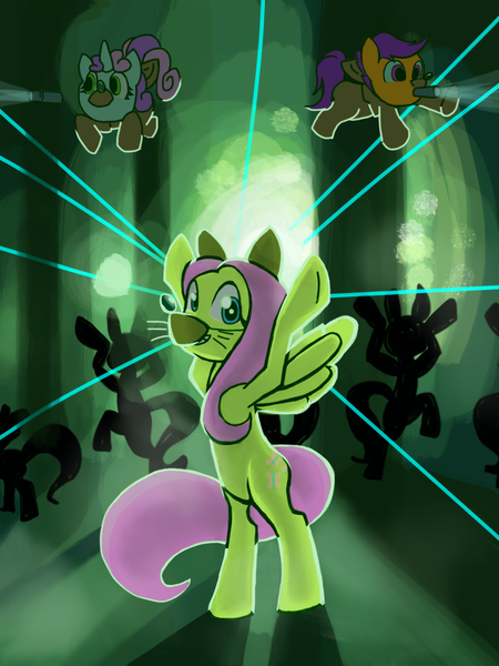 Size: 1200x1600 | Tagged: safe, artist:shadow-rhapsody, derpibooru import, fluttershy, scootaloo, sweetie belle, pegasus, pony, unicorn, backlighting, bipedal, clothes, costume, dancing, female, filly, forest, mare, mouth hold, music video, parody, the fox, what does the fox say?, ylvis