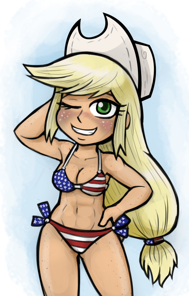 Size: 700x1100 | Tagged: suggestive, artist:livesmutanon, derpibooru import, applejack, human, equestria girls, abs, american flag, american flag bikini, amerijack, belly button, bikini, blushing, breasts, cleavage, clothes, colored, female, flag bikini, freckles, human coloration, humanized, light skin, solo, solo female, swimsuit, united states