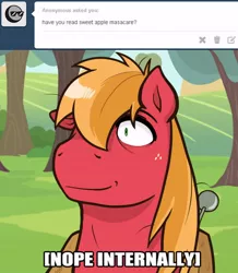 Size: 500x574 | Tagged: safe, artist:redhotkick, derpibooru import, big macintosh, earth pony, pony, ask big red macintosh, fanfic, fanfic:sweet apple massacre, ask, descriptive noise, fanfic art, male, meme, reaction, reaction to own portrayal, solo, stallion, tumblr, x internally