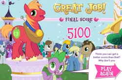 Size: 748x492 | Tagged: safe, derpibooru import, berry punch, berryshine, big macintosh, derpy hooves, doctor whooves, emerald beacon, masquerade, orion, perfect pace, shooting star (character), spike, star gazer, time turner, earth pony, pony, background pony, equestrivia challenge, female, male, mare, score, stallion