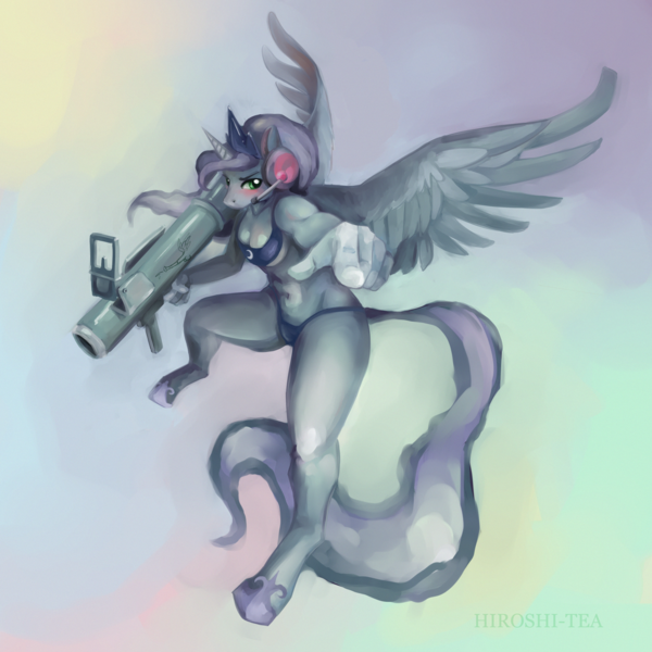 Size: 1280x1280 | Tagged: anthro, artist:hiroshi-tea, bikini, blushing, breasts, clothes, cum, cumming, female, flying, gamer luna, headset, hooves, horsecock, jewelry, nudity, panties, penis, princess luna, questionable, regalia, rocket launcher, solo, solo female, swimsuit, team fortress 2, unguligrade anthro, weapon