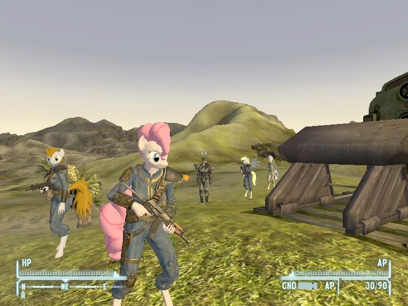 Size: 800x600 | Tagged: aks74u, anthro, assault rifle, bon bon, carbine, derpibooru import, derpy hooves, eyepatch, fallout, fallout equestria, fallout: new vegas, gun, human, m4, metal armor, mod, oc, oc:littlepip, pinkie pie, safe, sweetie drops, train, uzi, vault suit, wasteland, weapon