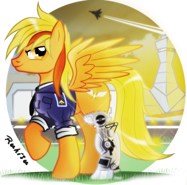 Size: 1546x1534 | Tagged: safe, artist:ruhisu, derpibooru import, oc, oc:brave wing, unofficial characters only, pegasus, pony, airfield, amputee, captain, clothes, handsome, jet fighter, looking at you, male, military, pilot, plane, prosthetic limb, prosthetics, raised hoof, runway, smiling, smirk, soldier, solo, spread wings, stallion, standing, sunset, tower, uniform