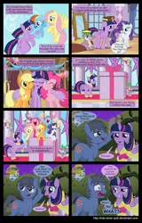 Size: 2000x3128 | Tagged: safe, artist:mlp-silver-quill, derpibooru import, applejack, fluttershy, pinkie pie, rainbow dash, rarity, spike, twilight sparkle, twilight sparkle (alicorn), oc, oc:clutterstep, alicorn, pony, comic:a princess' tears, canterlot, comic, female, mane six, mare