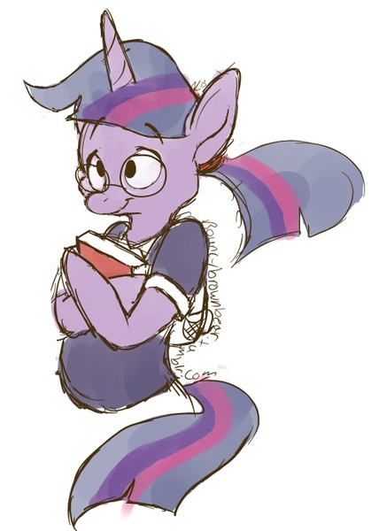 Size: 485x680 | Tagged: adorkable, alternate hairstyle, anthro, artist:violetvampirevixen, backpack, book, cute, derpibooru import, dork, glasses, ponytail, safe, solo, twilight sparkle