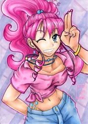 Size: 596x835 | Tagged: artist:shytoki, belly button, derpibooru import, human, humanized, light skin, midriff, nail polish, pinkie pie, safe, solo, wink