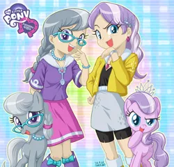 Size: 900x863 | Tagged: safe, artist:uotapo, derpibooru import, edit, diamond tiara, silver spoon, equestria girls, equestria girls logo, glasses, human coloration, human ponidox, laughingmares.jpg