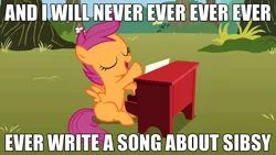 Size: 1280x720 | Tagged: derpibooru import, edit, edited screencap, homestar runner, image macro, piano, safe, scootaloo, screencap, sibsy, solo, the show stoppers