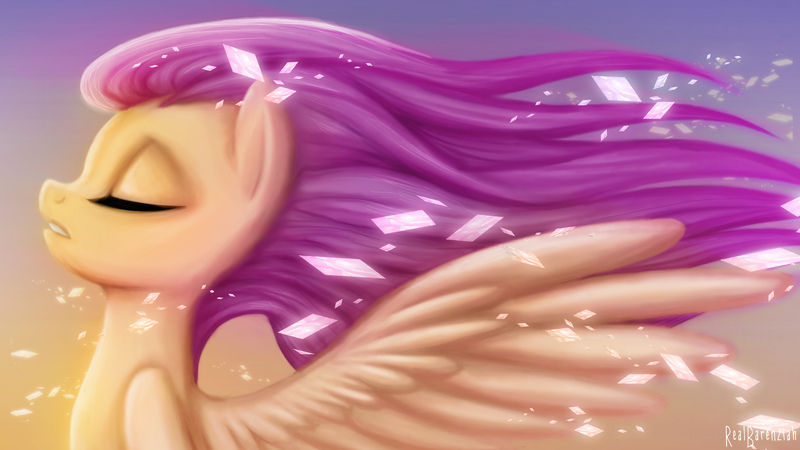 Size: 4800x2700 | Tagged: artist:realbarenziah, derpibooru import, fluttershy, safe, solo, windswept mane