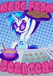 Size: 636x900 | Tagged: apron, artist:moonsango, baking, clothes, cookie, cookie dough, cooking, derpibooru import, pun, safe, solo, turntable, vinyl scratch