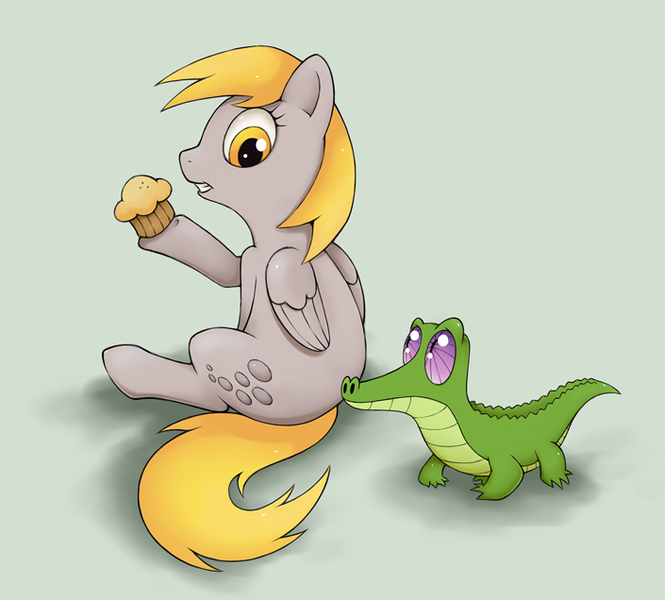 Size: 705x636 | Tagged: safe, artist:hydro-king, derpibooru import, derpy hooves, gummy, alligator, pegasus, pony, cutie mark, duo, female, folded wings, hoof hold, image, looking at each other, looking back, mare, muffin, pet, png, simple background, sitting, smiling, standing, wings