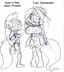 Size: 425x478 | Tagged: artist:requiems-dirge, breasts, busty fluttershy, chibi, commander hurricane, derpibooru import, dialogue, eared humanization, female, fluttershy, hearth's warming eve, hearth's warming eve (episode), human, humanized, lineart, monochrome, private pansy, rainbow dash, salute, scene interpretation, sketch, suggestive, tailed humanization, winged humanization