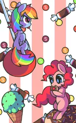 Size: 704x1134 | Tagged: artist:astrofiziks, candy, derpibooru import, donut, food, ice cream, lollipop, micro, pinkie pie, rainbow dash, safe, skittles, surreal