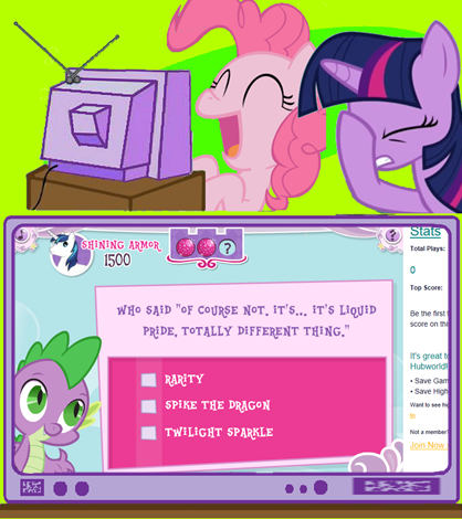 Size: 418x470 | Tagged: derpibooru import, equestrivia challenge, exploitable meme, facehoof, fail, hubworld, hubworld.com, meme, obligatory pony, pinkie pie, safe, tv meme, twilight sparkle