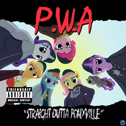 Size: 3900x3900 | Tagged: album cover, applejack, artist:template93, commission, crossover, derpibooru import, fluttershy, gun, high res, mane six, nwa, pinkie pie, ponified, ponified album cover, rainbow dash, rap, rarity, safe, semi-anthro, twilight sparkle, weapon
