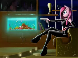 Size: 1467x1100 | Tagged: anthro, aquarium, artist:zigword, catsuit, derpibooru import, fish, fish tank, fishtank, gun, pinkamena diane pie, pinkie pie, pistol, safe, seahorse, solo, weapon