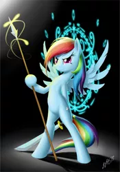 Size: 685x978 | Tagged: safe, artist:zigword, derpibooru import, rainbow dash, pegasus, pony, abstract background, bipedal, female, magic circle, mare, pegasus magic, signature, simple background, solo, spear, sword, weapon