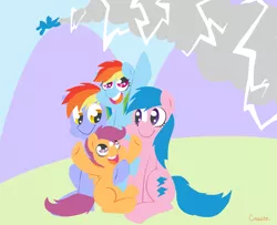 Size: 1777x1440 | Tagged: safe, artist:coggler, derpibooru import, firefly, rainbow blaze, rainbow dash, scootaloo, pegasus, pony, adopted offspring, family, female, filly, fireblaze, firefly as rainbow dash's mom, foal, g1, g1 to g4, g4, generation leap, male, mare, parent, parent:firefly, parent:rainbow blaze, parents:fireblaze, scootadoption, shipping, straight