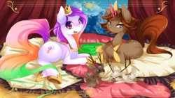 Size: 1600x900 | Tagged: dead source, safe, artist:loyaldis, derpibooru import, oc, oc:prince verndari, oc:princess devota, unofficial characters only, earth pony, jackalope, pony, rabbit, unicorn, crown, eyeshadow, looking at you, open mouth, pillow, prone, smiling