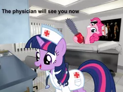 Size: 600x450 | Tagged: artist:paris7500, bed, chainsaw, clothes, derpibooru import, grin, hospital, irl, nurse, photo, pinkie pie, ponies in real life, safe, smiling, table, this will end in tears, this will end in tears and/or death, twilight sparkle, uniform, vector