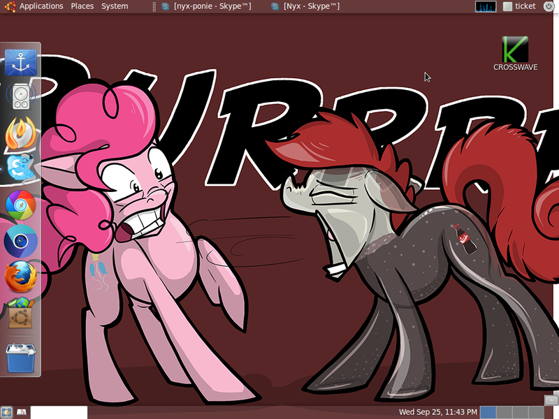 Size: 1024x768 | Tagged: artist:secoh2000, coca-cola, coke, computer, cutie mark, derpibooru import, desktop, food pony, linux, mod, oc, oc:coke pony, original species, pinkie pie, princess luna, safe, skype, soda pony, ubuntu