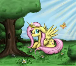 Size: 3726x3266 | Tagged: safe, artist:ap0st0l, artist:vulpessentia, derpibooru import, fluttershy, alicorn, butterfly, pony, :o, alicornified, blushing, flower, fluttercorn, forest, looking at you, nature, princess, prone, race swap, scenery, shy, solo, spread wings
